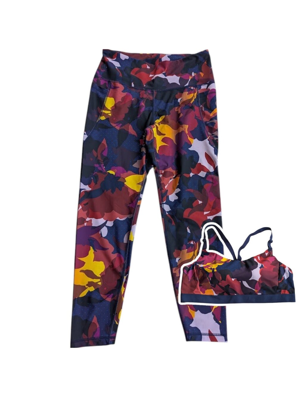 Old Navy Active XL Red Yellow Navy Camo Leggings Sports Bra Set 16x8.5 15x26